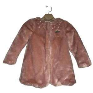 Disney Princess Girls Size5-6 Faux Fur Pink Coat Pearl and Crown Embellishment